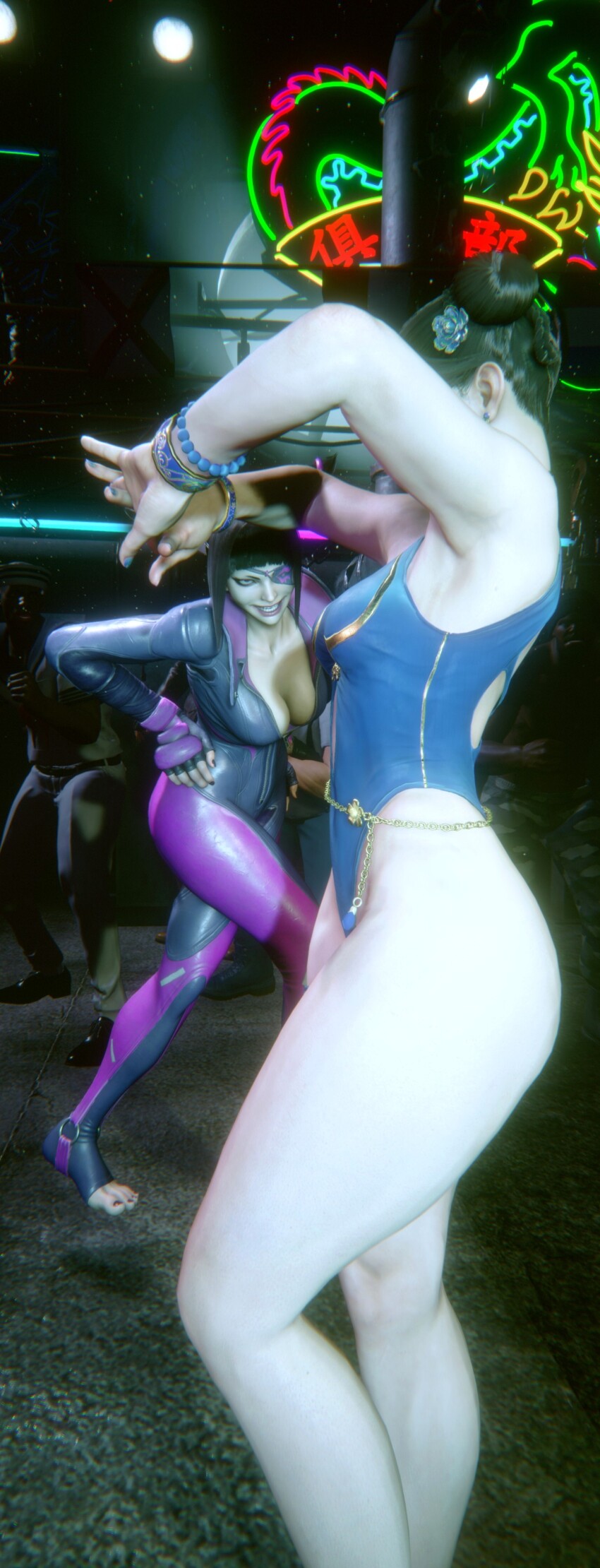 2girls 3d absurdres alternate_costume arms_up ass back bare_legs bare_shoulders blue_one-piece_swimsuit bracelet brown_hair capcom chun-li curvy double_bun grin hair_bun han_juri highleg highleg_one-piece_swimsuit highres jewelry looking_at_another multiple_girls official_alternate_costume one-piece_swimsuit outdoors parted_lips ryona shiny_skin skindentation smile standing street_fighter street_fighter_6 stretching swimsuit thighlet third-party_edit thong_one-piece_swimsuit wide_hips