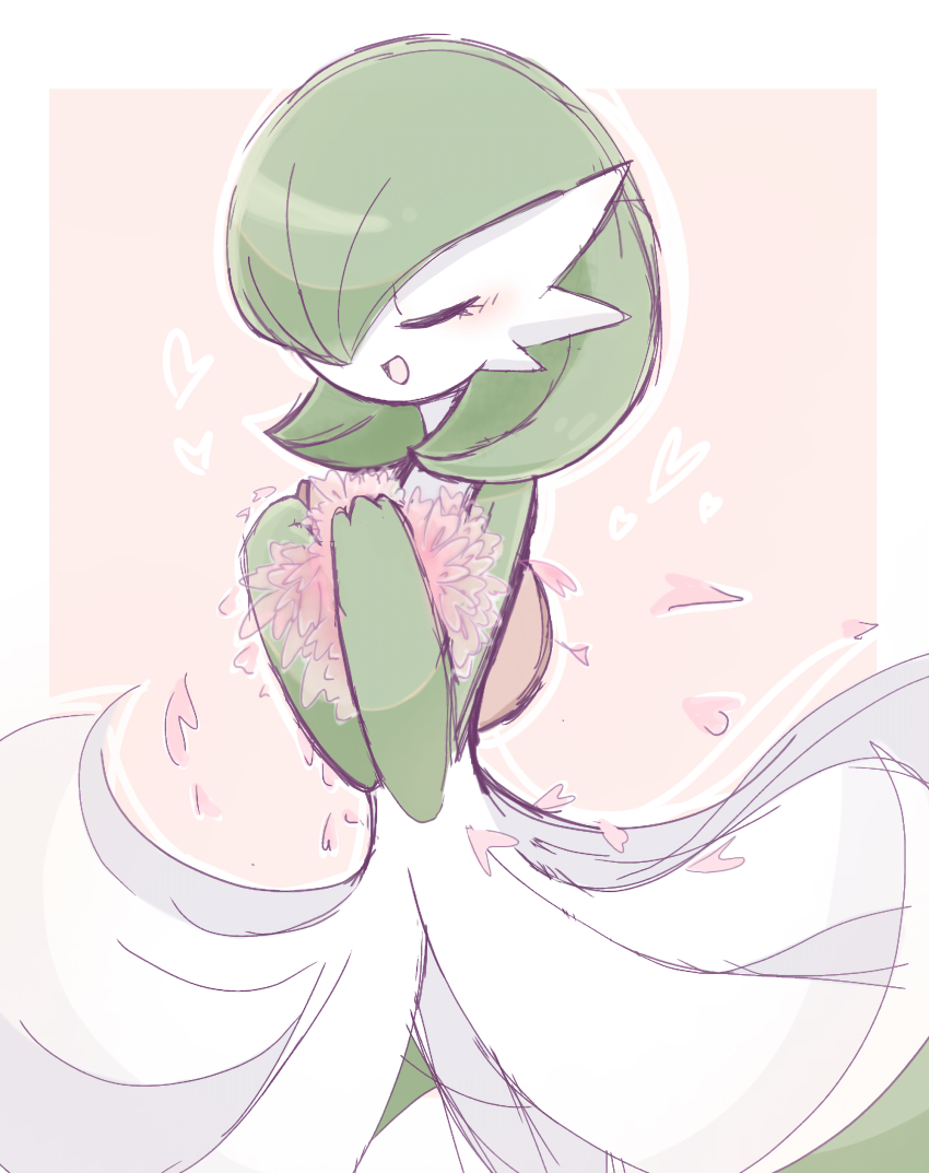 1girl absurdres blush bob_cut border closed_eyes colored_skin cowboy_shot falling_petals female_focus flower gardevoir gen_3_pokemon green_hair green_skin hair_over_one_eye hands_up happy heart highres holding holding_flower multicolored_skin nintendo one_eye_covered open_mouth outline outside_border petals pink_background pink_flower pokemon pokemon_(creature) short_hair simple_background sketch smile solo standing suzu_(pixiv_32232702) two-tone_skin u_u white_border white_outline white_skin