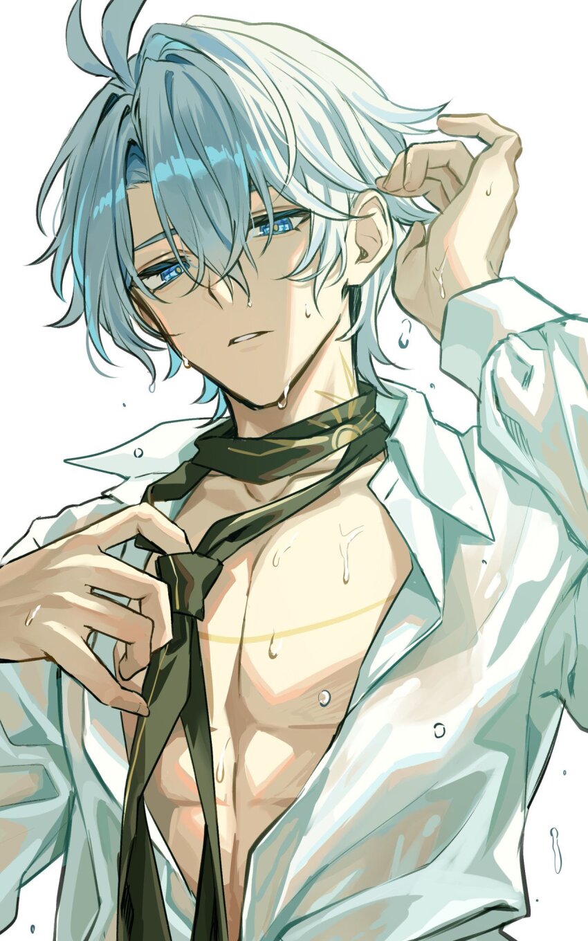 1boy antenna_hair black_necktie blue_eyes collared_shirt commentary_request highres honkai:_star_rail honkai_(series) long_sleeves looking_at_viewer male_focus necktie official_alternate_costume parted_bangs partially_unbuttoned pectoral_cleavage pectorals phainon_(anan)_(honkai:_star_rail) phainon_(honkai:_star_rail) see-through_clothes see-through_shirt seyanaso shirt short_hair simple_background solo upper_body wet wet_clothes wet_hair wet_shirt white_background white_hair white_shirt