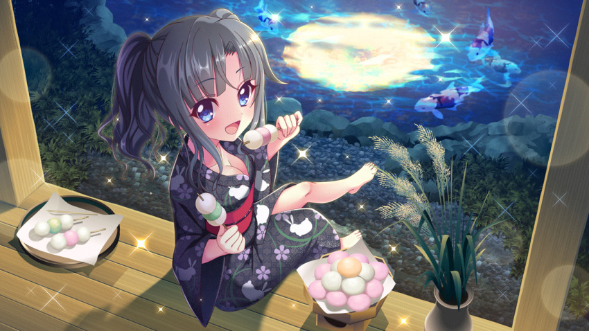 1girl animal_print bare_legs barefoot black_hair black_kimono blue_eyes breasts cleavage collarbone dango dot_nose film_grain floral_print food from_above from_side full_moon game_cg grass holding holding_food itsumura_yukari izumi_tsubasu japanese_clothes kimono koi lens_flare medium_breasts moon night non-web_source obi official_art open_mouth plant pond potted_plant rabbit_print re:stage! reflection reflective_water rice_(plant) sanshoku_dango sash short_hair sidelocks sitting smile solo sparkle tsukimi_dango two_side_up wagashi