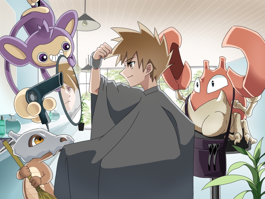 1boy aipom arm_up bag blue_oak bottle broom brown_hair ceiling ceiling_light closed_mouth commentary_request cubone from_side gen_1_pokemon gen_2_pokemon hair_dryer highres indoors kanatorasan krabby male_focus mirror nintendo plant pokemon pokemon_(creature) pokemon_frlg reflection short_hair smile spiked_hair window wristband