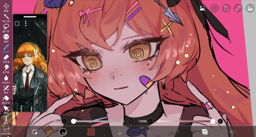 1girl @_@ art_program_in_frame bandaid bandaid_on_face bandaid_on_finger blush brown_jacket fish_pendant flaqjtmfmf freckles hair_ornament hairclip highres ishmael_(project_moon) jacket limbus_company official_art_inset orange_eyes orange_hair pendant_choker project_moon solo sweat yami_kawaii