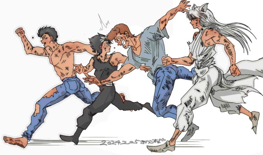 2024 4boys angry animal_ears black_footwear black_hair bruise closed_eyes commentary_request dated denim fox_ears happy hiei4455 hiei_(yu_yu_hakusho) highres injury kurama_(yu_yu_hakusho) kuwabara_kazuma loafers long_hair long_sleeves male_focus multiple_boys pants profile running shirt shoes short_hair smile sneakers spiked_hair urameshi_yusuke white_background white_hair yuu_yuu_hakusho