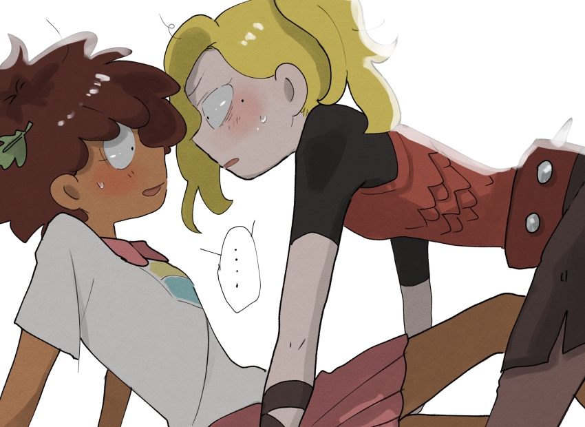 ... 2girls all_fours amphibia anne_boonchuy arm_support armor asymmetrical_bangs blonde_hair blush breastplate breasts brown_hair dark-skinned_female dark_skin eye_contact from_side highres leaf leaf_on_head looking_at_another medium_breasts mole mole_under_eye multiple_girls pants pants_under_skirt parted_lips pleated_skirt ponytail purple_skirt samui522 sasha_waybright school_uniform short_hair sitting sjms_school_uniform skirt spiked_belt spoken_ellipsis sweatdrop toad_armor_(amphibia) white_background yuri