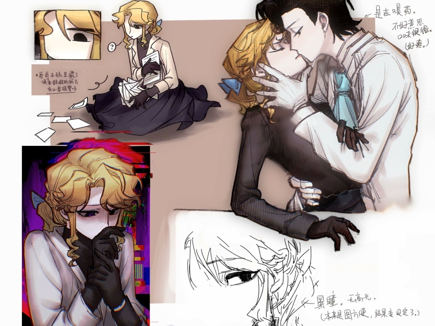 1boy 1girl ? alice_deross beijingban18388 black_eyes black_gloves black_hair black_shirt black_skirt blonde_hair blue_bow bow chinese_commentary chinese_text closed_eyes closed_mouth commentary_request gloves hair_bow hand_on_own_wrist hetero highres identity_v jacket kiss long_skirt medium_hair open_clothes open_jacket orpheus_(identity_v) shirt skirt spoken_question_mark translation_request white_jacket