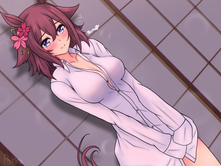 1girl animal_ears blue_eyes blush borrowed_clothes breasts cleavage closed_mouth collarbone commentary_request dutch_angle embarrassed flower flying_sweatdrops furrowed_brow hair_between_eyes hair_flaps hair_flower hair_ornament horse_ears horse_girl horse_tail looking_at_viewer medium_breasts medium_hair naked_shirt oversized_clothes oversized_shirt pink_hair pokapoka-sun sakura_chiyono_o_(umamusume) shirt shirt_tug simple_background sleeves_past_fingers sleeves_past_wrists solo sweatdrop tail umamusume white_background
