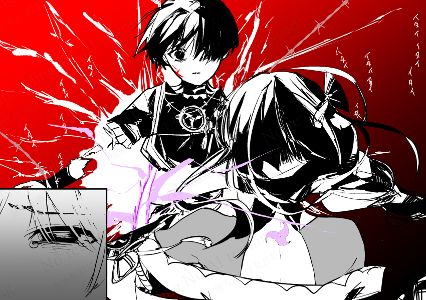 1boy 1girl armor attack blood blood_on_face blunt_ends bodysuit empty_eyes fan_hair_ornament frilled_sleeves frills genshin_impact greyscale_with_colored_background hair_ornament hair_over_one_eye highres injury japanese_armor japanese_clothes jewelry kimono kote layered_sleeves long_hair looking_at_another low-braided_long_hair low-tied_long_hair mitsudomoe_(shape) mother_and_son neck_ring open_clothes open_kimono parted_lips purple_electricity raiden_shogun red_background scaramouche_(genshin_impact) severed_arm severed_limb short_sleeves shrug_(clothing) single_sode spot_color squinting tassel tassel_hair_ornament tearing_up tears tomoe_(symbol) tsuibakiwa wide-eyed