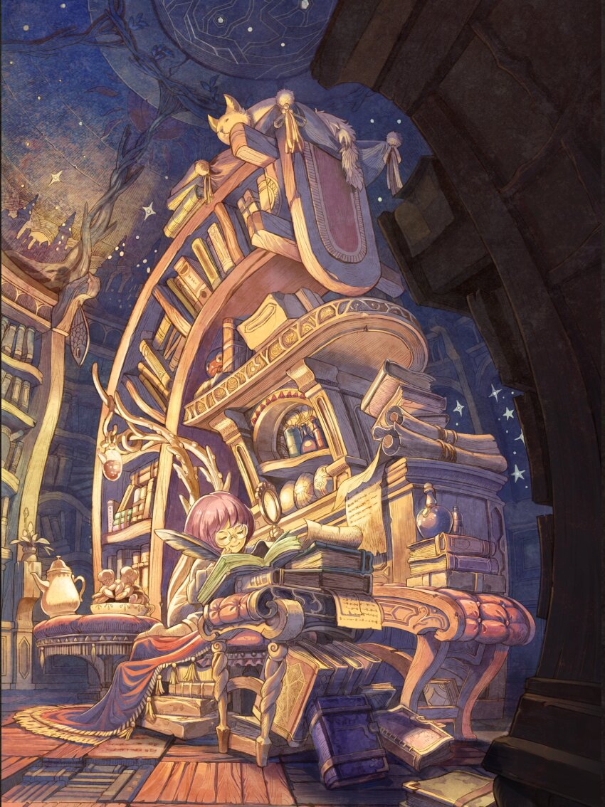 1girl absurdres barefoot book book_stack bookshelf bottle bowl cat closed_eyes closed_mouth commentary_request cookie creature desk food glasses grey_pants grey_shirt highres holding holding_quill leg_tattoo medium_hair mikan_yuzuko mural open_book original pants parchment pink_hair potion quill round_eyewear scroll shirt sitting_on_books solo sparkle stone_wall tattoo teapot too_many too_many_books vial white_cat wooden_floor writing yellow_eyes