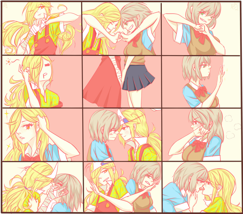 2girls absurdres binbougami_ga! black_skirt blonde_hair blush brown_hair commentary_request cracking_knuckles dress face-to-face green_eyes hair_over_one_eye heart heart_trace highres holding hongye0524 imminent_kiss kiss momiji_(binbougami_ga!) multiple_girls multiple_views open_mouth overall_skirt overalls pinafore_dress pleated_skirt red_skirt sakura_ichiko short_sleeves skirt sleeveless_dress smile sparkle tongue tongue_out triangular_headpiece upper_body yellow_eyes yuri