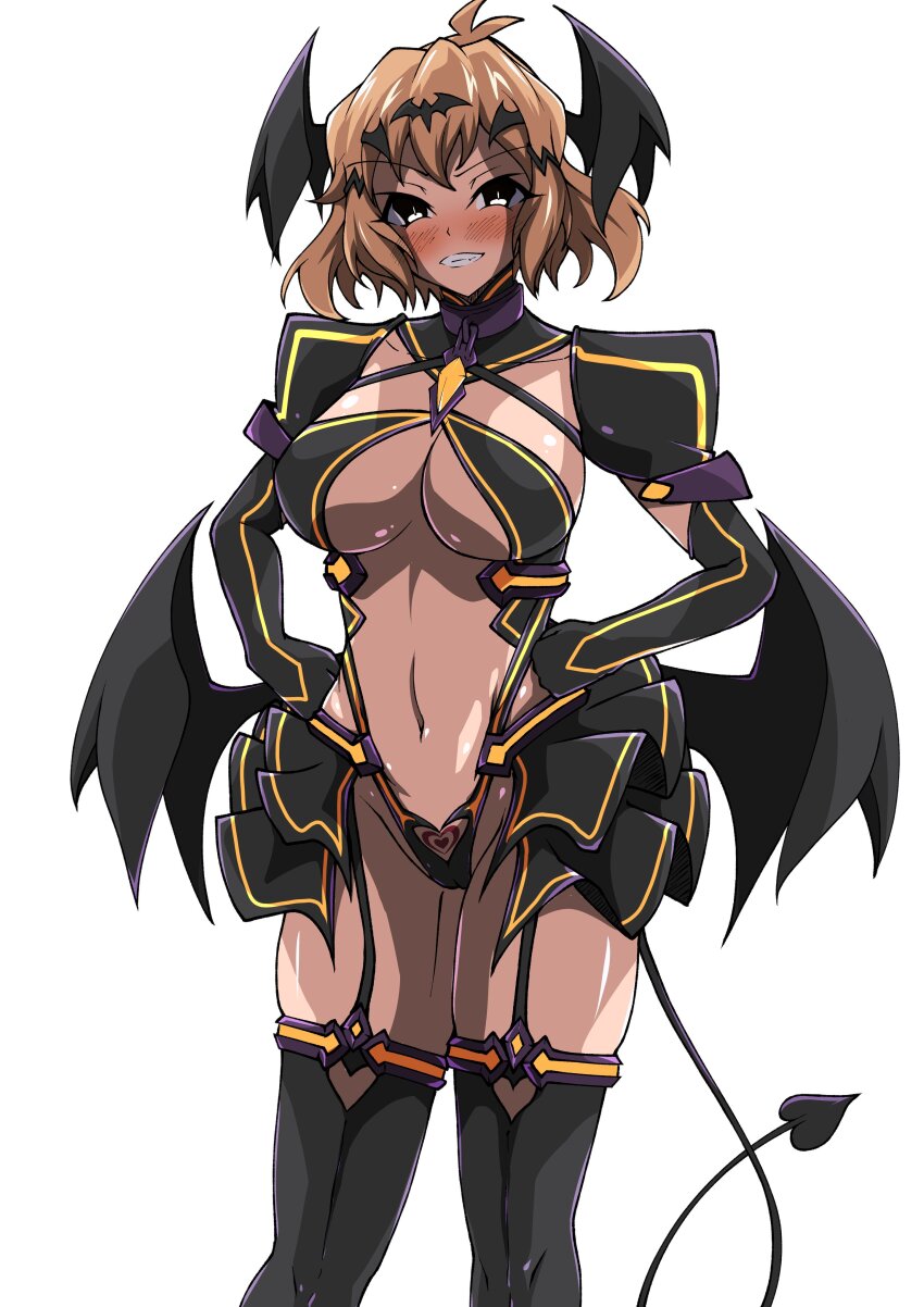 1girl absurdres alternate_costume aoi_tabane bat_wings black_gloves black_skirt black_thighhighs black_wings blush breasts brown_eyes brown_hair cleavage clothing_cutout corruption cosplay crossover dark_persona demon_girl demon_tail demon_wings elbow_gloves garter_straps gloves grin hair_ornament halloween_costume hands_on_own_hips head_wings heart_cutout highleg highres large_breasts liberator_(kouyoku_senki_exs-tia) looking_at_viewer low_wings navel pubic_tattoo revealing_clothes senki_zesshou_symphogear shiny_skin short_hair showgirl_skirt simple_background skindentation skirt smile solo standing tachibana_hibiki_(symphogear) tail tattoo thighhighs transparent_background white_background wings