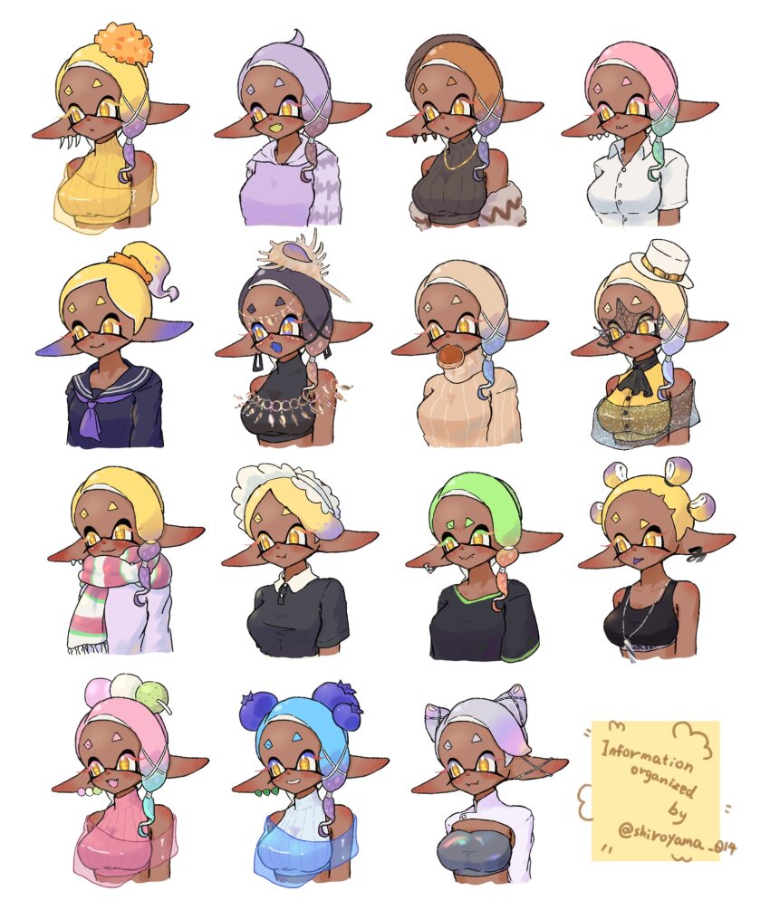 1girl blonde_hair breasts cleavage colored_tongue dark-skinned_female dark_skin earrings frye_(deep_cut_outfit)_(splatoon) frye_(frostyfest)_(splatoon) frye_(grand_festival)_(splatoon) frye_(milk_chocolate)_(splatoon) frye_(splatoon) frye_(splatoween)_(splatoon) frye_(springfest)_(splatoon) frye_(suffer_no_fools)_(splatoon) frye_(summer_nights)_(splatoon) frye_(young)_(splatoon) gradient_hair highres jewelry large_breasts multicolored_hair multiple_earrings multiple_persona nintendo official_alternate_costume official_alternate_hairstyle pink_hair pointy_ears purple_hair sailor_collar scarf school_uniform shawl shiroyama_014 short_eyebrows smile splatoon_(series) splatoon_3 sports_bra tentacle_hair tooth_earrings very_long_ears yellow_eyes yellow_shawl