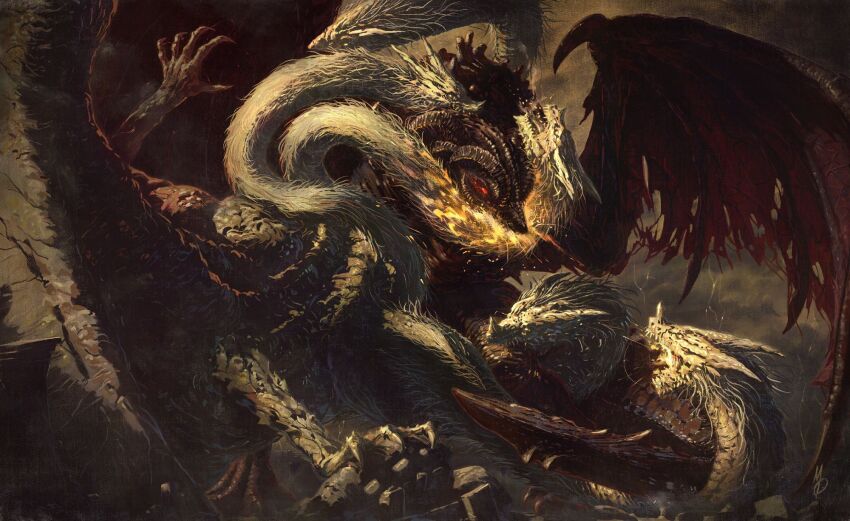 bayle_the_dread biting breath_weapon breathing_fire dragon dragonlord_placidusax elden_ring fighting fire highres max58art multiple_heads no_humans