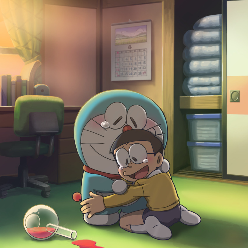 1boy bell blush closed_eyes crying doraemon doraemon_(character) flask glasses highres hug jingle_bell male_focus nobi_nobita official_style open_mouth polo_shirt shorts smile suika_(soratobooton) tears volumetric_flask