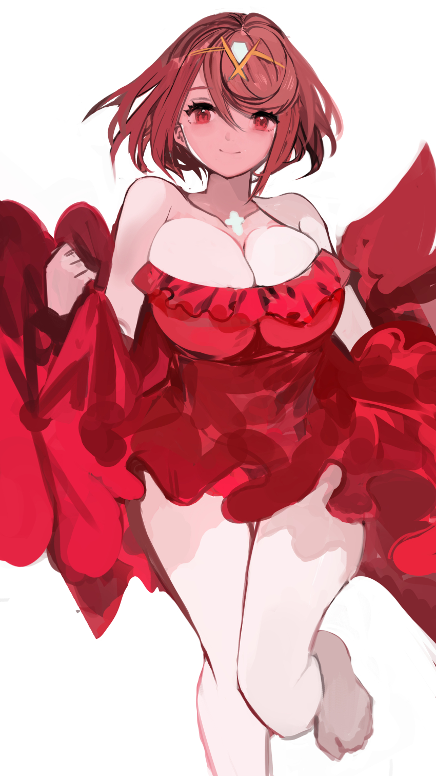1girl absurdres breasts cleavage closed_mouth clothes_grab collarbone dress highres large_breasts looking_at_viewer medium_hair pyra_(xenoblade) red_dress red_eyes red_hair revision simple_background smile solo tarbo_(exxxpiation) unfinished white_background xenoblade_chronicles_(series) xenoblade_chronicles_2