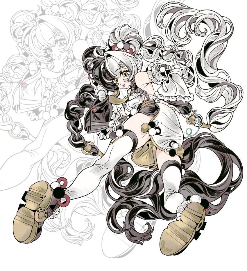 1girl ahoge bare_shoulders black_hair braid braided_twintails china_dress chinese_clothes commentary corded_phone dialyn_(zenless_zone_zero) double_bun dress from_behind full_body hair_bun hair_extensions hair_intakes hair_ornament hairclip highres holding holding_phone legs_apart long_hair looking_at_viewer looking_back multicolored_hair necktie panda_hair_ornament phone red_nails ring_hair_extensions simple_background sleeveless sleeveless_dress solo split-color_hair symbol-only_commentary thighhighs tongue tongue_out very_long_hair white_background white_dress white_hair white_thighhighs wire xjgfhvg yellow_eyes yellow_necktie zenless_zone_zero zoom_layer