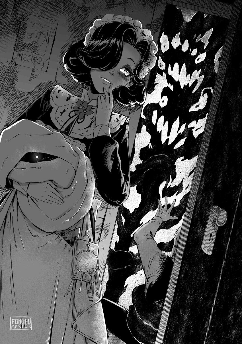 1boy 1girl absurdres against_wall apron artist_name blanket blush dress dutch_angle eyelashes facing_viewer fingers_to_mouth glowing glowing_eye greyscale grin hair_over_one_eye hand_up highres holding holding_blanket key long_dress looking_to_the_side maid maid_headdress monochrome neck_flower neck_ribbon one_eye_covered open_door oscar_fong reverse:1999 ribbon short_hair smile spirit swaddled tuesday_(reverse:1999) upper_body