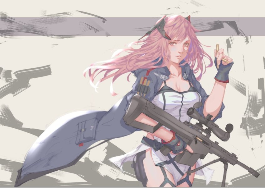 .50_bmg 1girl ammunition anti-materiel_cartridge anti-materiel_rifle barrett_m82 blue_coat bullet coat cowboy_shot fingerless_gloves floating_hair girls&#039;_frontline gloves grey_eyes grey_gloves gun hand_up headgear hmg_cartridge holding holding_bullet holding_gun holding_weapon kamkac long_hair looking_at_viewer m82a1_(girls&#039;_frontline) magnum_cartridge match_grade match_grade_ammunition match_grade_firearm match_grade_rifle military_cartridge open_clothes open_coat parted_lips pink_hair rifle rifle_cartridge skirt sniper_rifle solo supersonic_ammunition trigger_discipline weapon white_skirt