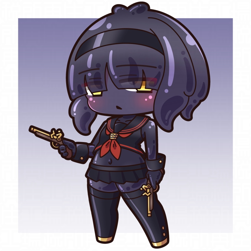 1girl absurdres antique_firearm aquarius_(zodiac) bare_shoulders black_boots black_gloves black_hair black_hairband black_sailor_collar black_serafuku black_shirt black_skin black_skirt boots chibi closed_mouth colored_skin commentary_request crop_top dual_wielding firearm firelock flintlock full_body gloves gun hair_over_eyes hairband handgun highres holding holding_gun holding_weapon microskirt midriff navel neckerchief original personification pleated_skirt red_neckerchief sailor_collar saishosaisekojo school_uniform serafuku shirt skirt sleeveless sleeveless_shirt solo standing tentacle_hair thigh_boots weapon yellow_eyes zodiac