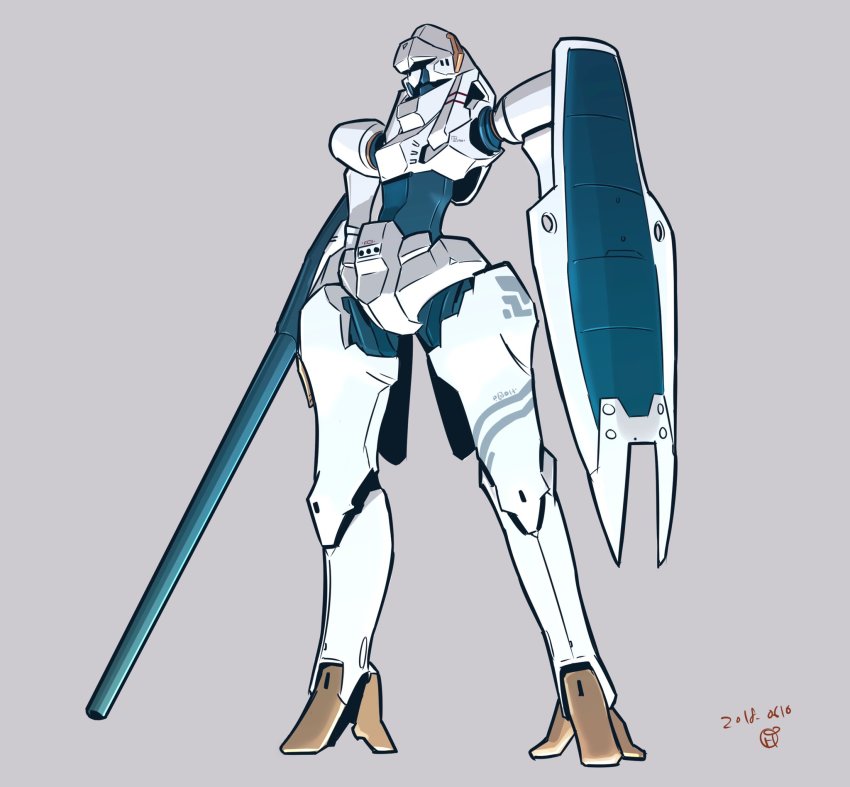 arm_cannon bad_id bad_twitter_id dated grey_background highres juusenki_l-gaim l-gaim mecha moi_moi7 no_humans redesign robot shield solo standing visor weapon
