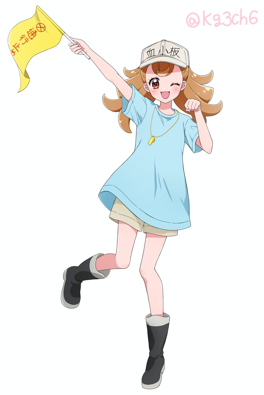 1girl ;d absurdres baseball_cap black_boots blue_shirt boots brown_hair commentary_request commission cosplay flag grey_shorts hat hataraku_saibou highres holding holding_flag inukai_komugi kagami_chihiro long_hair looking_at_viewer naganawa_maria one_eye_closed open_mouth partial_commentary paw_pose pixiv_commission platelet_(hataraku_saibou) platelet_(hataraku_saibou)_(cosplay) precure red_eyes shirt short_sleeves shorts simple_background smile solo split_ponytail standing standing_on_one_leg t-shirt translated twitter_username voice_actor_connection whistle whistle_around_neck white_background white_hat wonderful_precure!