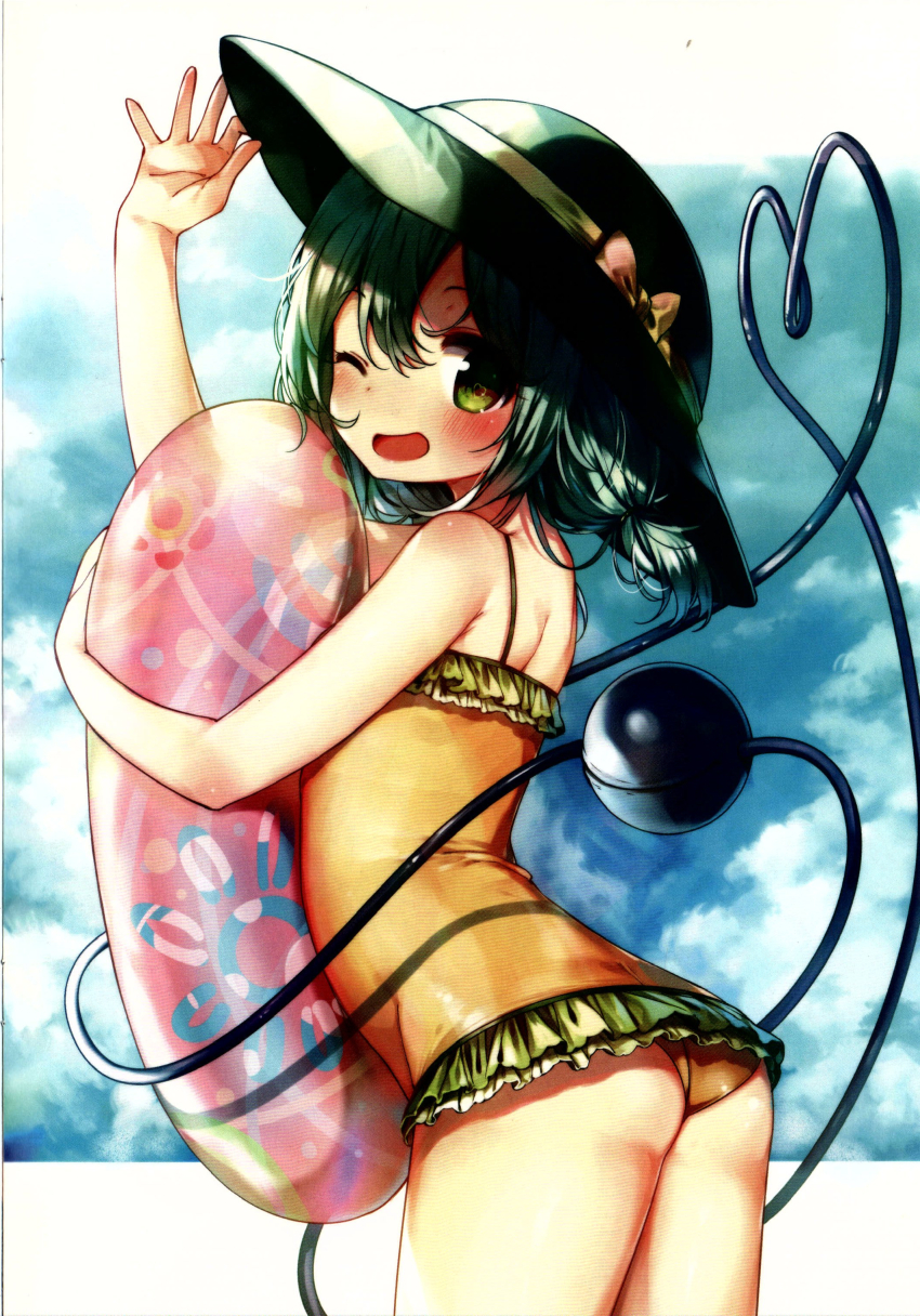 1girl ;d absurdres arm_up ass bow casual_one-piece_swimsuit cowboy_shot green_eyes green_hair green_hat hair_over_shoulder hat hat_bow heart heart_of_string highres holding holding_swim_ring innertube komeiji_koishi looking_at_viewer looking_back one-piece_swimsuit one_eye_closed open_mouth scan shnva smile solo swim_ring swimsuit third-party_source third_eye touhou yellow_bow yellow_one-piece_swimsuit