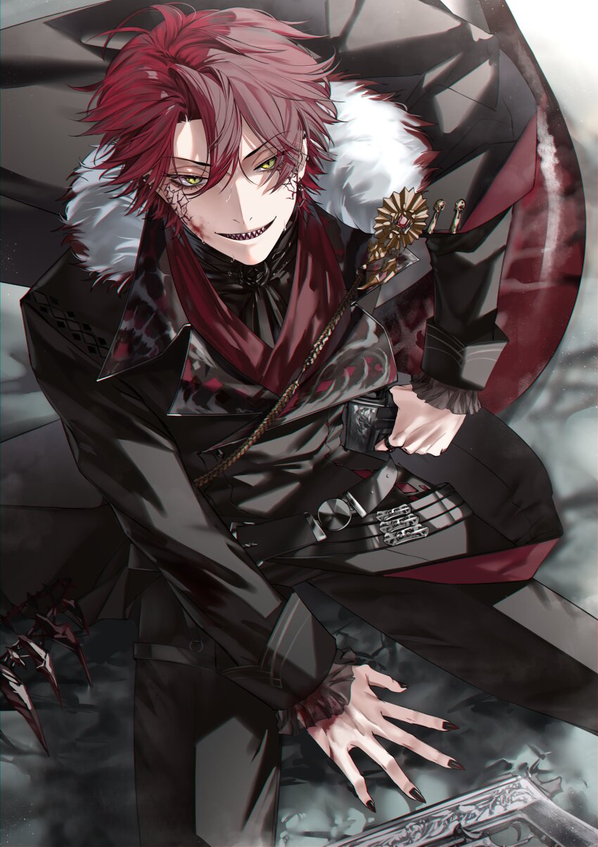 &gt;:) 1boy absurdres ascot belt black_ascot black_belt black_cape black_coat black_nails black_pants black_shirt blood blood_on_face cape coat cracked_skin crown curtained_hair dinosaur_boy dinosaur_tail earrings fingernails frilled_sleeves frills fur-trimmed_coat fur_trim gun hair_between_eyes hand_on_ground handgun highres holostars holostars_english jewelry jurard_t_rexford kneeling lapels long_sleeves looking_at_viewer male_focus naizou_bug notched_lapels pants red_hair sharp_fingernails sharp_teeth shirt short_hair side_cape sleeve_cuffs slit_pupils smile solo sweat tail teeth unworn_crown v-shaped_eyebrows virtual_youtuber weapon