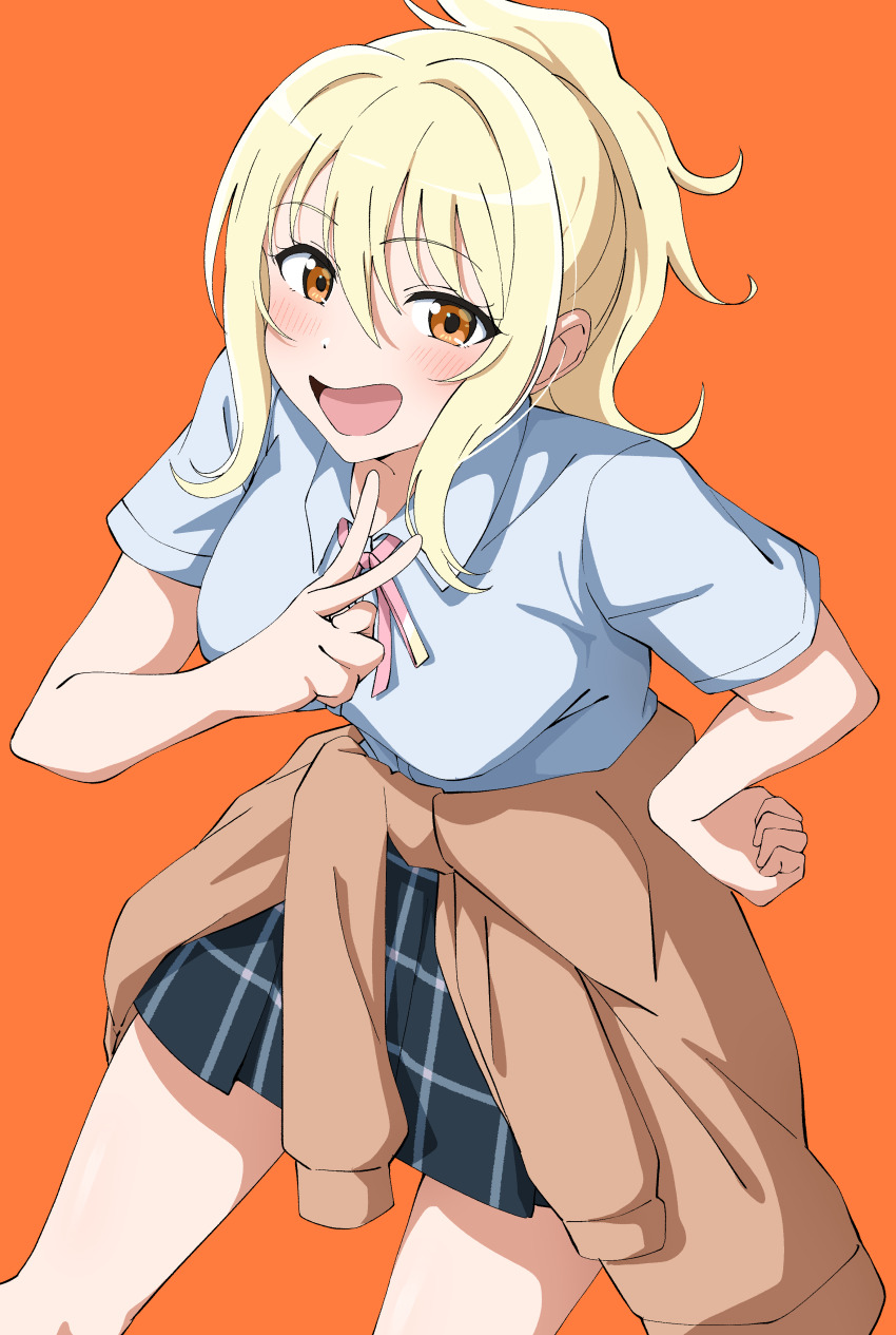 1girl :d absurdres blonde_hair blue_shirt blush breasts brown_cardigan cardigan cardigan_around_waist clothes_around_waist collared_shirt commentary cowboy_shot dress_shirt hair_between_eyes hair_intakes hand_on_own_hip highres leaning_forward long_sidelocks looking_at_viewer love_live! love_live!_nijigasaki_high_school_idol_club medium_breasts miniskirt miyashita_ai nijigasaki_school_uniform open_mouth orange_background orange_eyes plaid_clothes plaid_skirt pleated_skirt ponytail school_uniform shirt short_sleeves sidelocks simple_background skirt smile solo summer_uniform uchuu_no_mozuku v