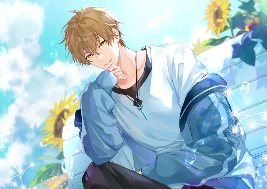 1boy bench black_pants blonde_hair blue_jacket blue_sky chinese_commentary closed_mouth cloud cloudy_sky dandelion day flower hair_between_eyes hand_on_own_chin huang_shaotian jacket jacket_partially_removed jewelry knee_up long_sleeves looking_at_viewer male_focus necklace off_shoulder on_bench open_clothes open_jacket outdoors pants parted_lips quan_zhi_gao_shou shirt short_hair sitting sky sleeves_past_wrists smile solo sunflower water_drop white_shirt yellow_eyes yellow_flower yinbox