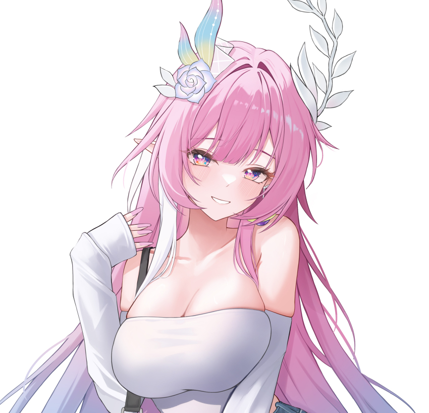 1girl absurdres alternate_costume bare_shoulders breasts cleavage commentary cyrene_(demiurge)_(honkai:_star_rail) cyrene_(honkai:_star_rail) diamond-shaped_pupils diamond_(shape) dress flower grey_dress hair_flower hair_ornament highres honkai:_star_rail honkai_(series) kebi_(soo_owl) large_breasts long_hair looking_at_viewer multicolored_hair pink_hair pointy_ears purple_eyes simple_background smile solo symbol-shaped_pupils two-tone_hair unfinished very_long_hair white_background white_hair