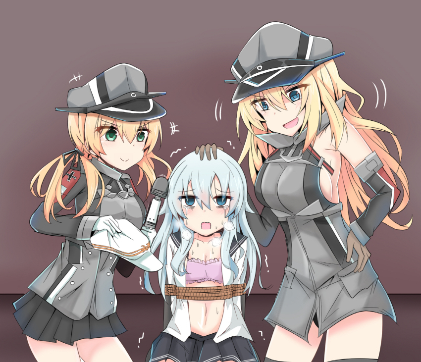 3girls anchor_hair_ornament anchor_symbol aqua_eyes arms_behind_back bismarck_(kancolle) black_ribbon black_skirt blonde_hair blue_eyes bound bra brown_gloves cross cyberdemon_no3 detached_sleeves flat_cap gloves hair_between_eyes hair_ornament hammer_and_sickle hat heavy_breathing hibiki_(kancolle) highres hitachi_magic_wand iron_cross kantai_collection long_hair long_sleeves low_twintails military military_hat military_uniform multiple_girls peaked_cap prinz_eugen_(kancolle) restrained ribbon rope school_uniform serafuku sex_toy silver_hair skirt sweat tears tied_up training_bra twintails underwear verniy_(kancolle) vibrator white_gloves