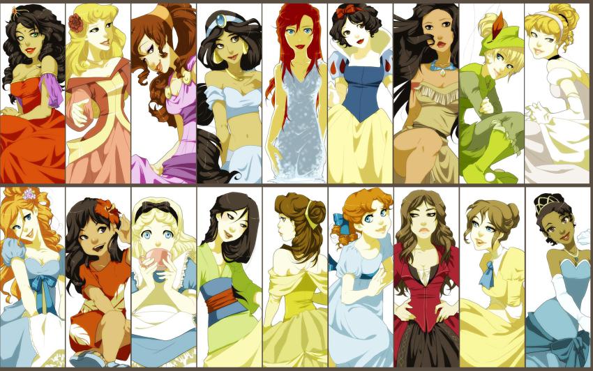 6+girls aladdin_(movie) alice_(alice_in_wonderland) alice_in_wonderland alternate_costume annotated apron ariel_(disney) aurora_(disney) back bad_deviantart_id bad_id bare_shoulders beauty_and_the_beast belle_(disney) black_hair black_skirt blonde_hair blue_dress blue_eyes boots bow breasts brown_eyes brown_hair cinderella cinderella_(disney) cleavage collarbone column_lineup company_connection cowboy_shot crossed_legs crossover crown cup curly_hair cut-in darci_robbins dark-skinned_female dark_skin disney dress drinking earrings elbow_gloves elizabeth_swann enchanted esmeralda_(disney) everyone fa_mulan_(disney) feathers flower giselle_(disney) gloves green_eyes grey_eyes hair_bun hair_flower hair_ornament hair_up hands_on_lap hands_on_own_hips head_tilt headband hercules hercules_(disney) highres jane_porter japanese_clothes jasmine_(disney) jewelry kimono large_breasts lilo lilo_&amp;_stitch lilo_pelekai lips long_hair looking_at_viewer medium_breasts megara_(disney) midriff mulan_(movie) multiple_girls navel necklace peter_pan peter_pan_(character) pirates_of_the_caribbean pocahontas_(disney) pocahontas_(movie) ponytail princess puff_and_slash_sleeves puffy_sleeves red_dress red_hair ribbon rose sandals sequins short_hair simple_background single_hair_bun sitting skirt sleeping_beauty snow_white snow_white_(disney) snow_white_and_the_seven_dwarfs standing strapless tan tarzan teacup the_hunchback_of_notre_dame the_little_mermaid_(disney) the_princess_and_the_frog tiana tiana_(the_princess_and_the_frog) tiara tinker_bell_(disney) tube_top walt_disney&#039;s_peter_pan wendy_darling white_background yellow_dress