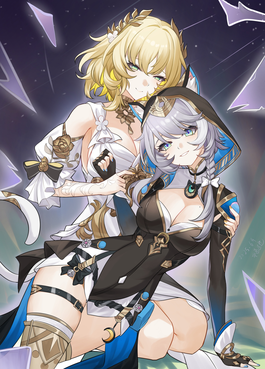 2girls absurdres aglaea_(honkai:_star_rail) animal_ears animal_hood black_gloves black_leotard blonde_hair blue_eyes boots breasts cat_ears cat_girl cat_hood cat_tail chinese_commentary cipher_(honkai:_star_rail) cleavage commentary_request dress fingerless_gloves gloves gold_boots green_eyes grey_hair highres honkai:_star_rail honkai_(series) hood hooded_leotard lao_xi large_breasts laurel_crown leotard mole mole_on_breast multiple_girls short_hair sky smile star_(sky) starry_sky tail thighs white_dress