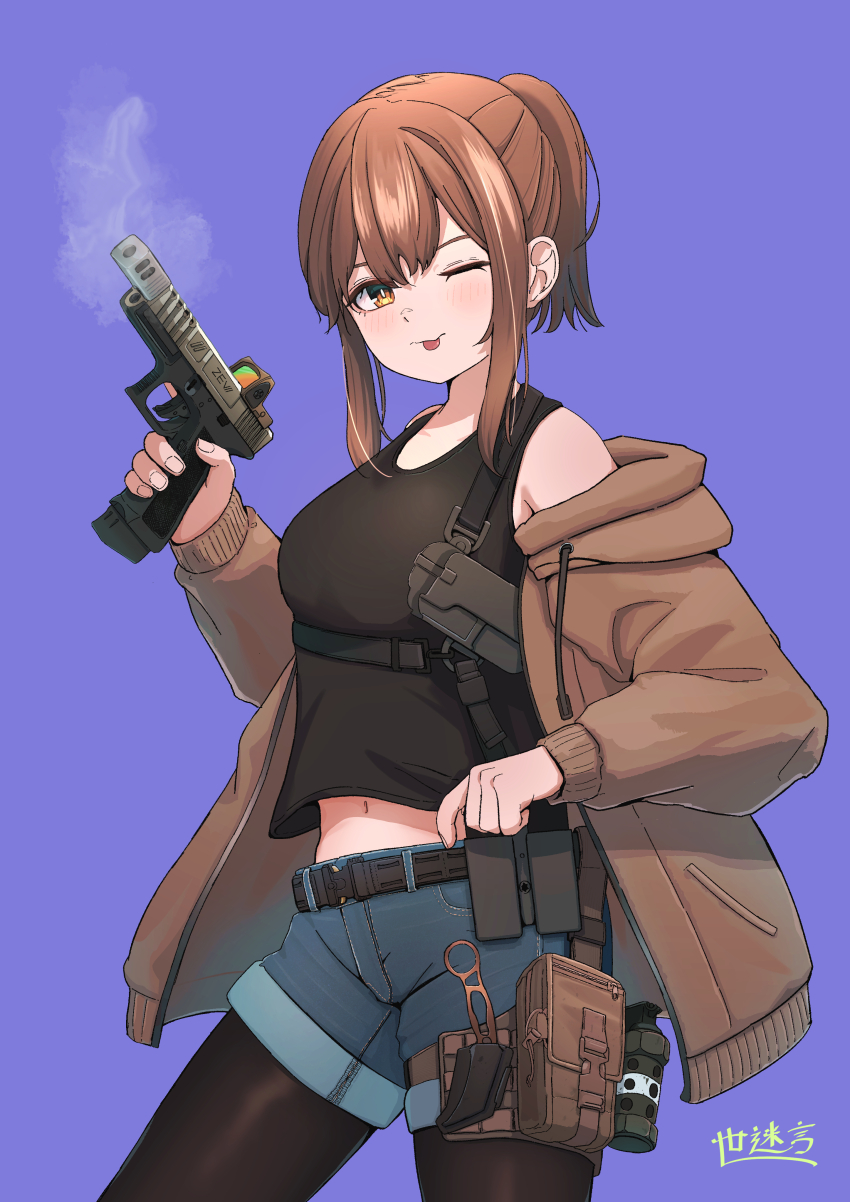 1girl absurdres ammunition_pouch artist_name belt black_belt black_shirt black_thighhighs blue_shorts breasts brown_hair brown_jacket casual chest_strap commentary commission explosive glock grenade gun handgun highres holding holding_gun holding_weapon holster jacket knife_sheath looking_at_viewer medium_breasts navel okapi_(yomaigoto) one_eye_closed orange_eyes original pixiv_commission pouch scope sheath shirt shorts solo thighhighs tongue tongue_out weapon