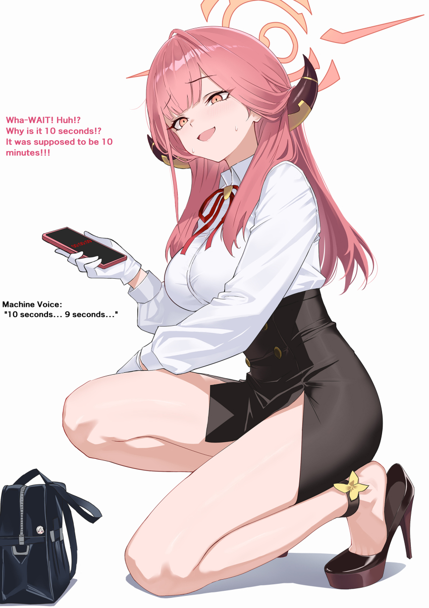 1girl aru_(blue_archive) bare_legs black_shoes black_skirt blue_archive blush breasts cellphone collared_shirt demon_girl demon_horns eyelashes feet full_body gloves halo heel_pop high-waist_skirt high_heels highres holding holding_phone horns impossible_clothes impossible_shirt isokaze12 kneeling large_breasts legs long_hair long_sleeves looking_at_viewer neck_ribbon on_one_knee open_mouth orange_eyes phone pink_halo red_hair red_ribbon ribbon shirt shoes sidelocks skirt smartphone solo stiletto_heels sweatdrop thighs toe_cleavage white_gloves white_shirt yellow_eyes
