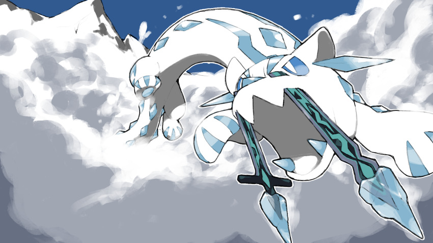 animal_focus blacknirrow blue_eyes bright_pupils chien-pao commentary creatures_(company) fangs game_freak highres ice nintendo no_humans open_mouth pawpads pokemon pokemon_(creature) sharp_teeth skin_fangs snow_leopard teeth v-shaped_eyebrows white_pupils