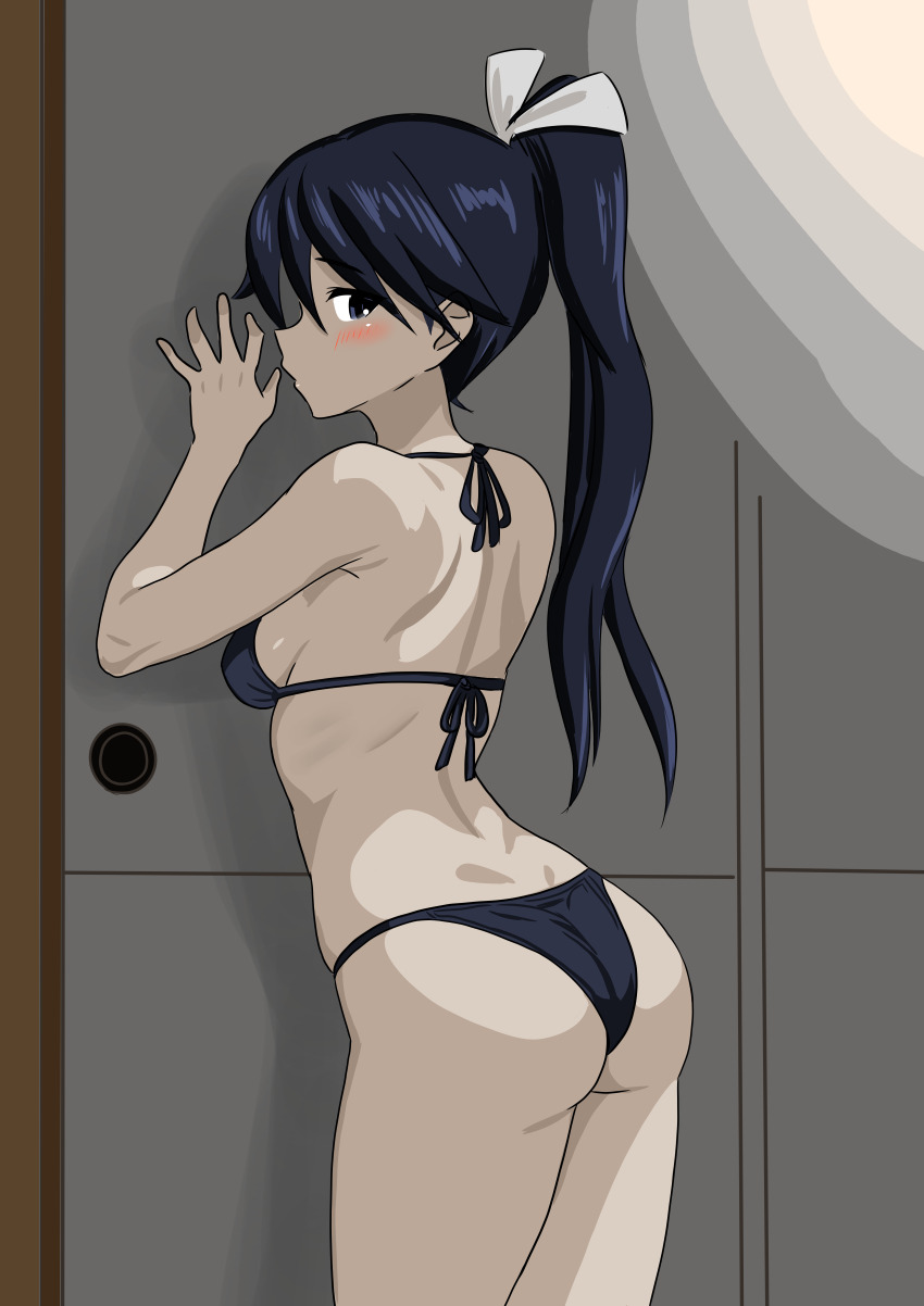 1girl absurdres against_door ass bikini black_bikini black_eyes black_hair bone_namu(namu49850) breasts commentary_request cowboy_shot from_behind highres houshou_(kancolle) kantai_collection long_hair looking_at_viewer looking_back ponytail small_breasts solo swimsuit