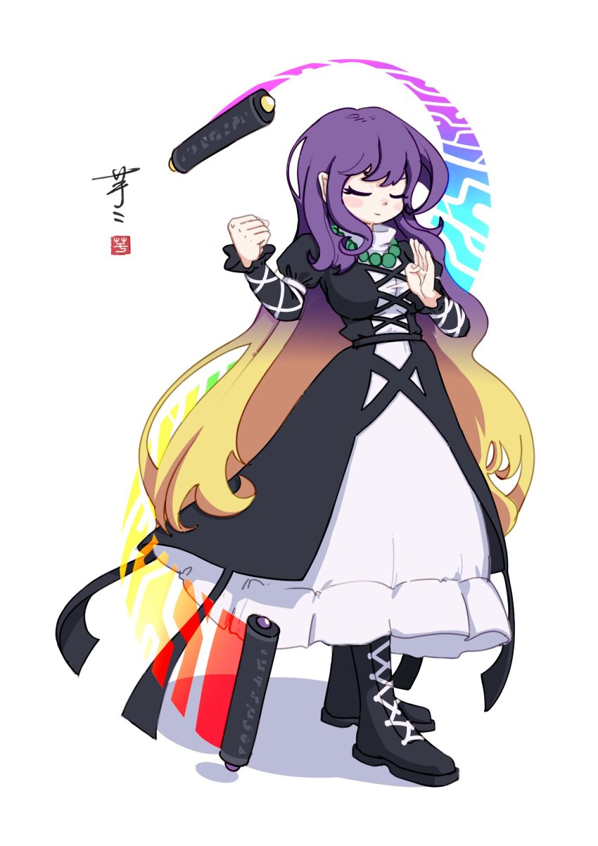 1girl ay606078 beads black_boots black_dress blonde_hair boots breasts clenched_hand closed_eyes closed_mouth commentary cross-laced_clothes cross-laced_dress dress full_body gradient_hair highres hijiri_byakuren layered_dress long_hair long_sleeves multicolored_hair prayer_beads purple_hair shadow signature simple_background solo sorcerer&#039;s_sutra_scroll touhou very_long_hair white_background white_dress