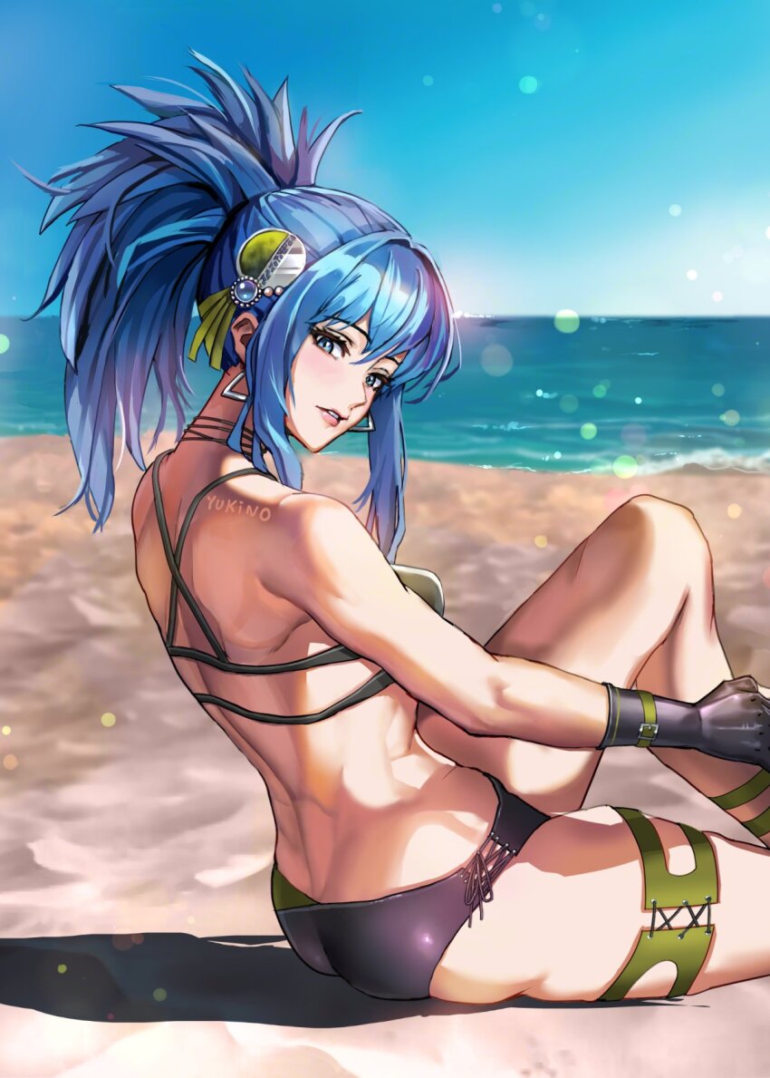 1girl bare_shoulders beach bikini blue_eyes blue_hair commentary earrings fingerless_gloves front-tie_bikini_top front-tie_top gloves green_bikini hair_ornament hand_on_own_knee highres jewelry leona_heidern light_smile ocean ponytail senran_kagura senran_kagura_new_link side-tie_bikini_bottom sitting solo swimsuit the_king_of_fighters triangle_earrings yukinoshin_f