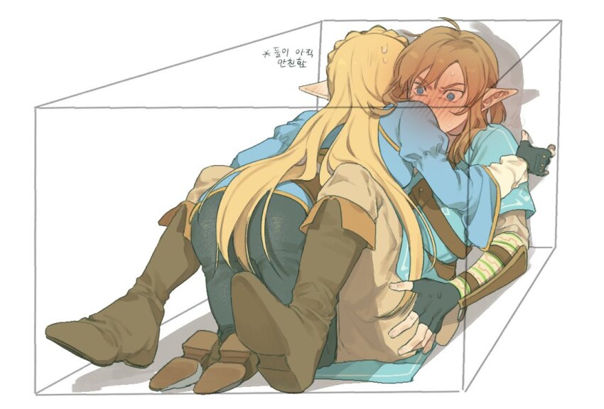 1boy 1girl blonde_hair blush boots fingerless_gloves gloves hetero kneeling link pointy_ears princess_zelda pu_hegg stuck_in_a_box the_legend_of_zelda the_legend_of_zelda:_breath_of_the_wild