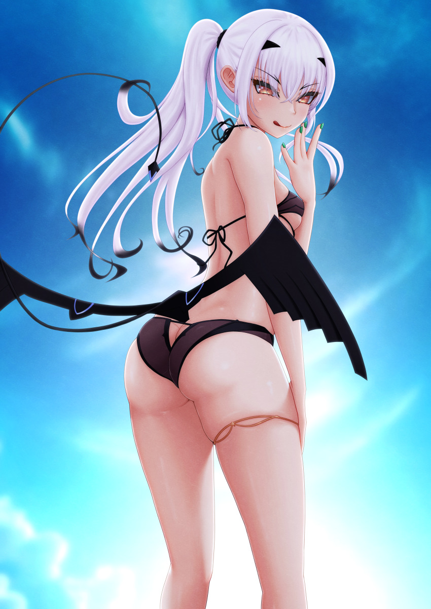 1girl absurdres ass back bare_shoulders bikini black_bikini blue_sky breasts butt_crack dragon_wings fate/grand_order fate_(series) forked_eyebrows high_ponytail highres jewelry licking_lips long_hair looking_at_viewer looking_back melusine_(fate) melusine_(swimsuit_ruler)_(fate) melusine_(swimsuit_ruler)_(first_ascension)_(fate) navel ponytail pucci-la-pucci sidelocks sky small_breasts smile solo stomach_tattoo swimsuit tail tattoo thighlet thighs tongue tongue_out white_hair wings yellow_eyes