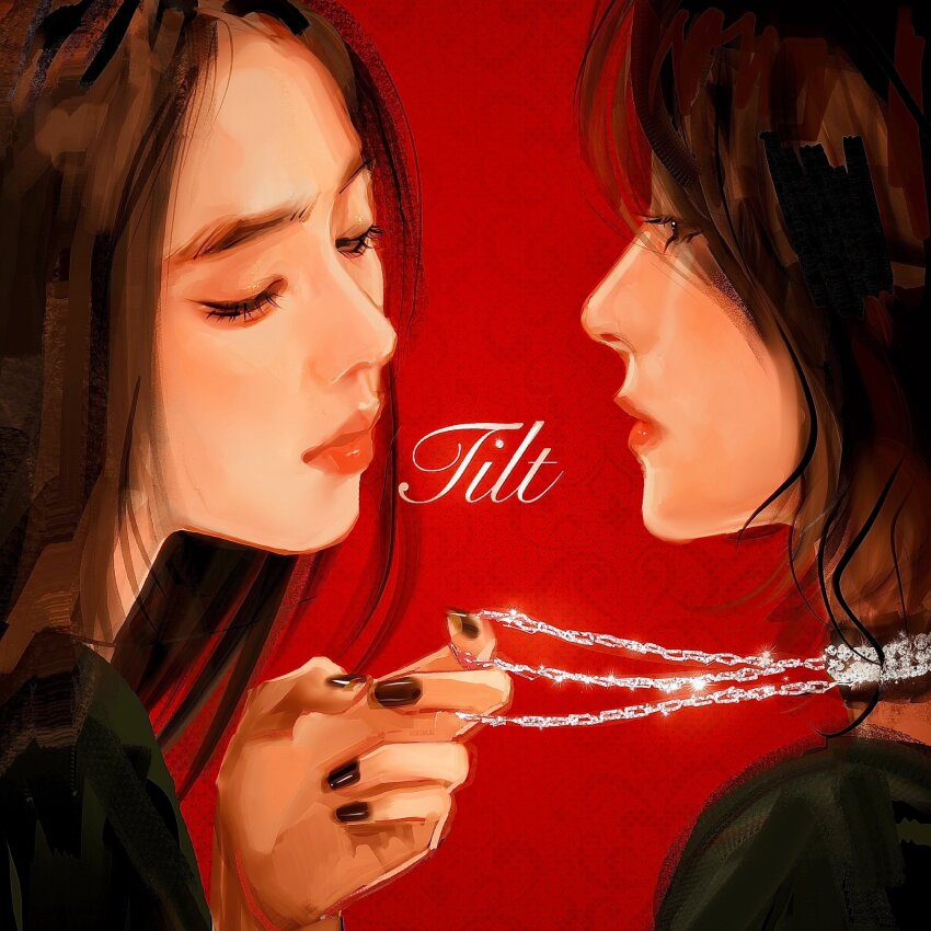 2girls black_hair black_nails english_text highres irene_(red_velvet) jewelry long_hair meolkyy multiple_girls necklace necklace_pull real_life red_background red_lips red_velvet_(group) seulgi_(red_velvet) short_hair song_name
