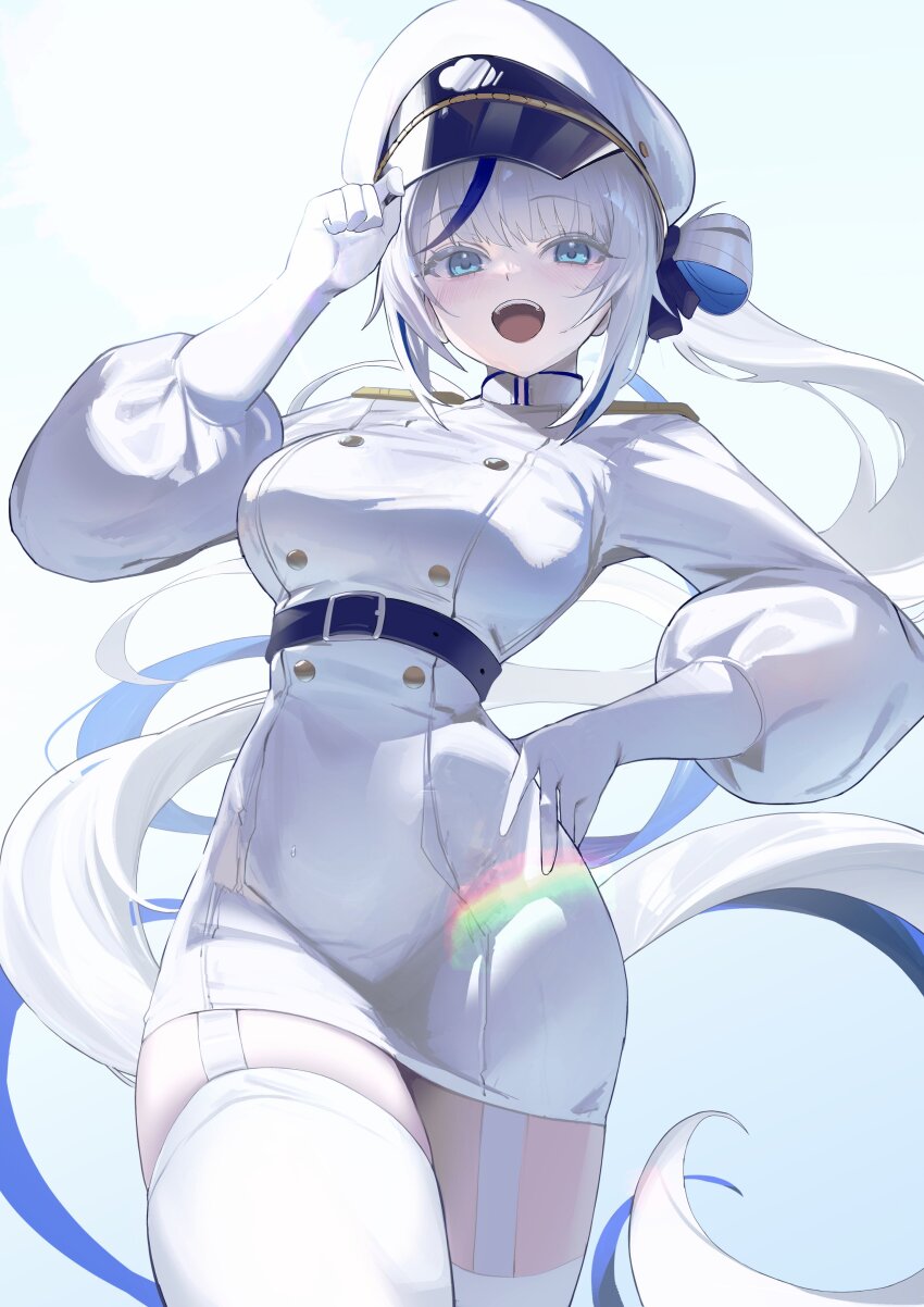 1girl 4string_guitar0 absurdres aokumo_rin belt blue_belt blue_eyes blue_hair blue_ribbon blush breasts buttons colored_inner_hair commentary cowboy_shot double-breasted floating_hair garter_straps gloves grey_hair hair_ribbon hair_rings hand_on_headwear hand_on_own_hip hat highres jacket large_breasts lens_flare long_hair long_sleeves looking_at_viewer military_hat military_uniform multicolored_hair naval_uniform open_mouth peaked_cap pencil_skirt puffy_long_sleeves puffy_sleeves ribbon simple_background single_hair_ring skirt smile solo standing stellive symbol-only_commentary thighhighs two-tone_hair very_long_hair virtual_youtuber white_background white_gloves white_hat white_jacket white_skirt white_thighhighs