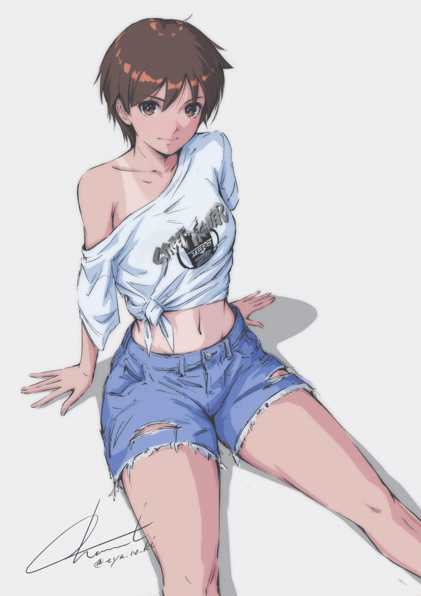 1girl absurdres brown_eyes brown_hair closed_mouth collarbone denim denim_shorts highres kasugano_sakura leaning_back looking_at_viewer midriff navel off_shoulder short_hair shorts simple_background sitting solo street_fighter tan tanline tyanoki white_background