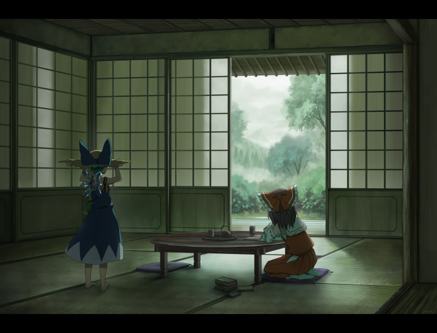 2girls absurdres adapted_costume adjusting_clothes adjusting_headwear alternate_hairstyle arm_support arms_up barefoot book bow brown_hair cirno cup cushion dark detached_sleeves dress fog from_behind hair_bow hakurei_reimu hat highres ice ice_wings indoors letterboxed long_hair looking_to_the_side multiple_girls sasaj scenery seiza shouji sitting sliding_doors straw_hat sundress sunlight table tatami teacup teapot touhou tree wings yunomi