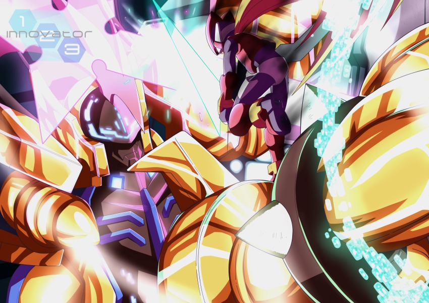 2boys absurdres android armor battle energy_sword blonde_hair bodystocking bodysuit commentary duel energy_blade energy_sword english_commentary gloves glowing gold_armor helmet highres holding innovator123 long_hair mega_man_(series) mega_man_zero_(series) mega_man_zero_3 multiple_boys omega_(mega_man) robot sword weapon zero(z)_(mega_man) zero_(mega_man)