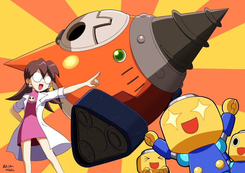 &gt;_&lt; 1girl :d :o absurdres arm_behind_back brown_hair closed_eyes coat commentary dated drill earrings english_commentary glasses highres innovator123 jewelry lab_coat legs_apart long_hair mega_man_(series) mega_man_legends_(series) mega_man_x_(series) mega_man_x_dive open_mouth outstretched_arm pink_skirt pointing robot servbot_(mega_man) shadow short_sleeves signature simple_background skirt skull_earrings smile sparkling_eyes standing tron_bonne_(mega_man) two-tone_background white_coat
