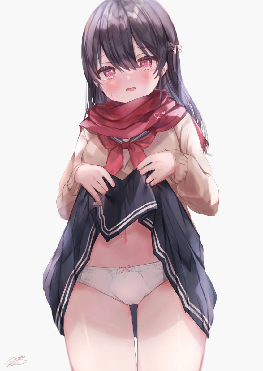 1girl absurdres bad_id bad_pixiv_id black_hair blush braid cameltoe clothes_lift hair_between_eyes highres lifting_own_clothes long_hair looking_at_viewer midriff navel open_mouth original panties peeing red_eyes red_scarf rucaco scarf school_uniform serafuku sidelocks signature simple_background skirt skirt_lift solo standing teardrop tearing_up tears thighs underwear white_background