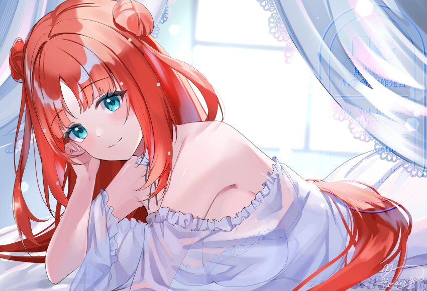 1girl absurdres aqua_eyes bare_shoulders blush breasts closed_mouth curtains double_bun dress genshin_impact hair_between_eyes hair_bun highres long_hair looking_at_viewer marufus nilou_(genshin_impact) red_hair smile solo very_long_hair white_dress