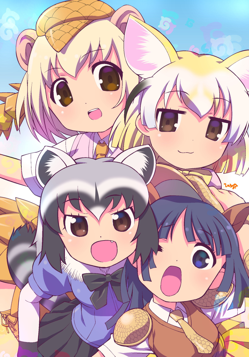 4girls :3 :d animal_ear_fluff animal_ears armadillo_ears black_bow black_bowtie black_eyes black_hair black_skirt blonde_hair blue_hair blue_shirt bow bowtie brown_eyes brown_necktie closed_mouth common_raccoon_(kemono_friends) extra_ears fang fennec_(kemono_friends) fox_ears fox_girl fur_collar giant_armadillo_(kemono_friends) giant_pangolin_(kemono_friends) grey_hair hat highres himehachi_(hime8manga) japari_symbol kemono_friends miniskirt multicolored_hair multiple_girls necktie one_eye_closed open_mouth orange_hat orange_necktie pangolin_ears pangolin_tail pink_vest pleated_skirt puffy_short_sleeves puffy_sleeves raccoon_ears raccoon_girl raccoon_tail shirt short_hair short_sleeves skirt smile striped_tail tail teeth upper_teeth_only vest white_hair yellow_skirt