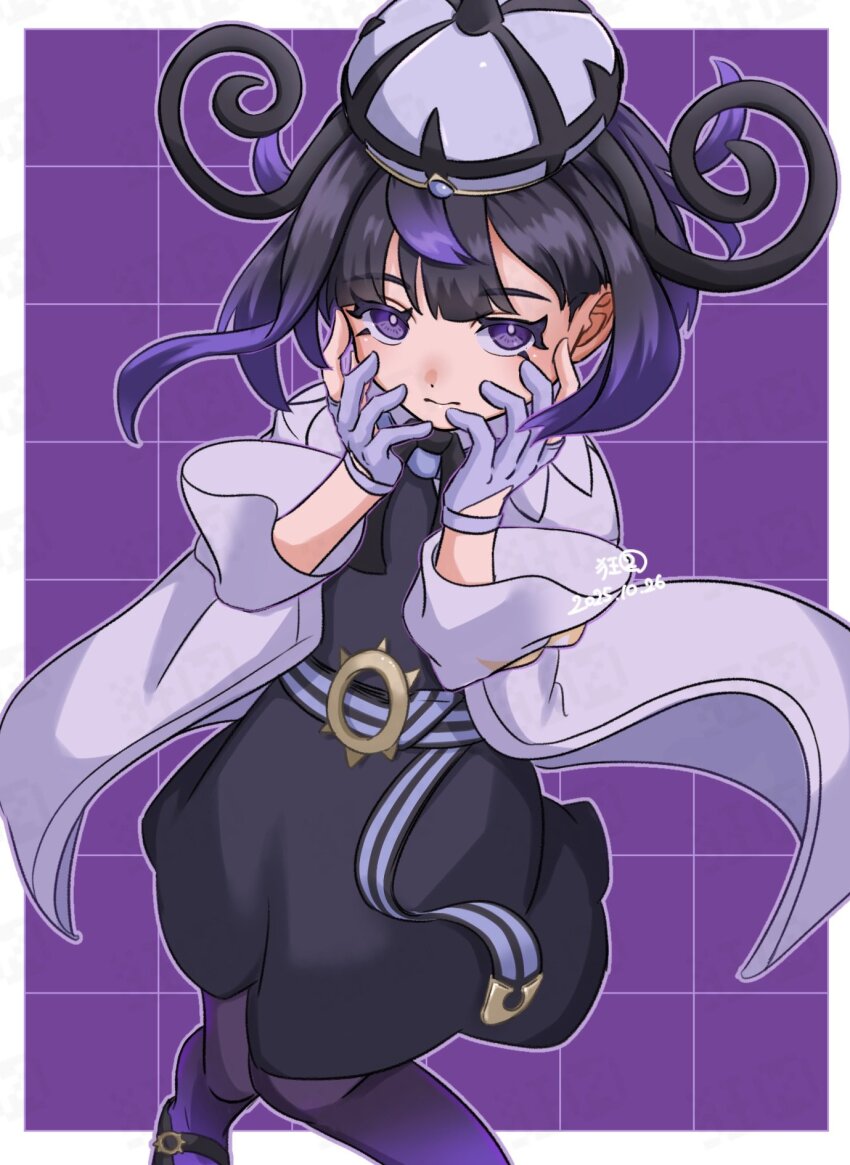 1girl belt black_dress black_hair border closed_mouth coat dated dress eyelashes gloves gradient_hair grid_background gwynn_(pokemon) hat highres krkrnk_sub long_sleeves looking_at_viewer multicolored_hair nintendo o-ring o-ring_belt outline outside_border pantyhose partially_fingerless_gloves pokemon pokemon_legends:_z-a purple_background purple_eyes purple_gloves purple_hair purple_outline short_hair solo white_border white_coat